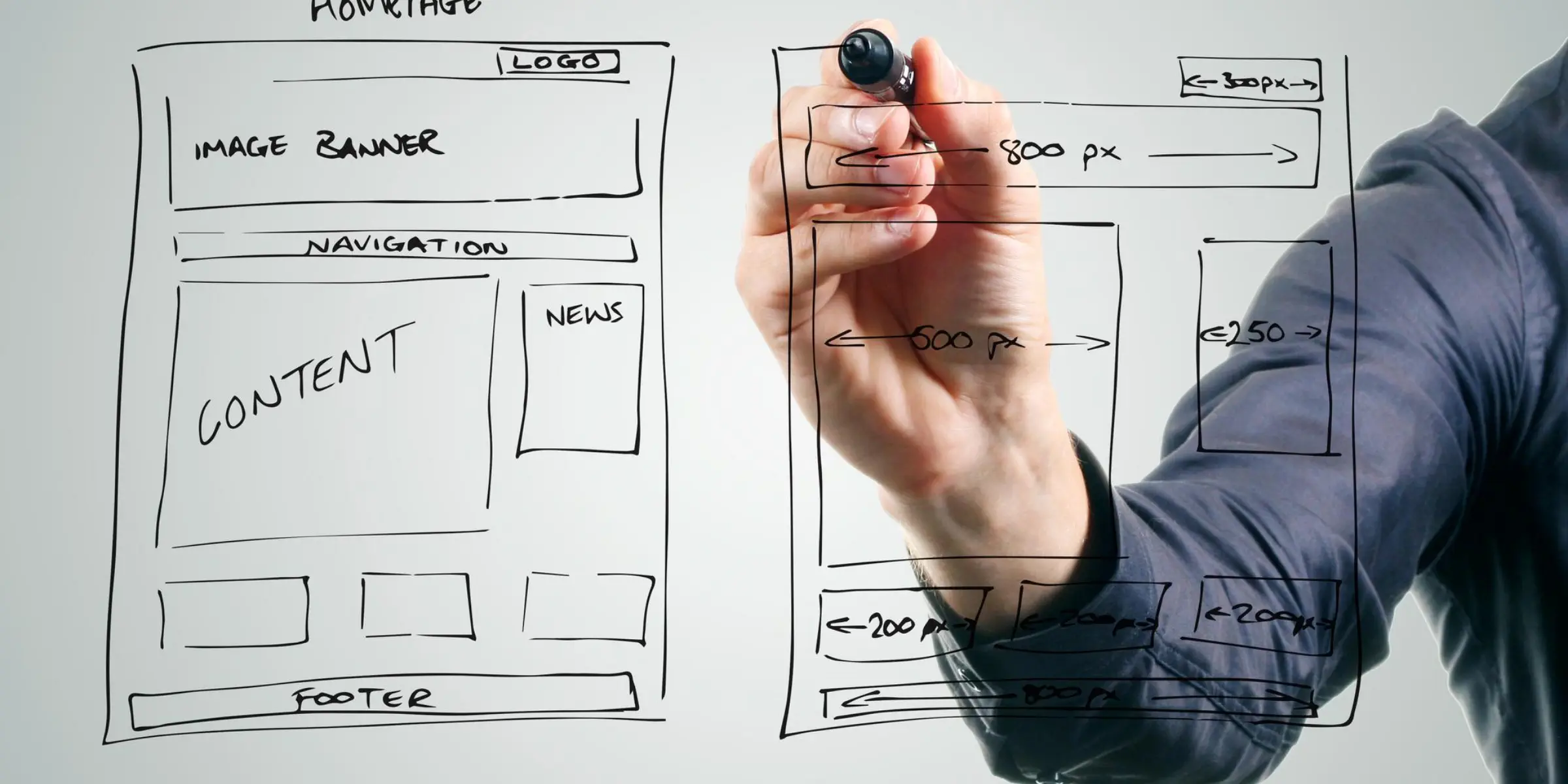 A man is drawing on a screen with a sketch of a website.