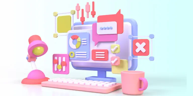 3d illustration of a computer with various icons on it.