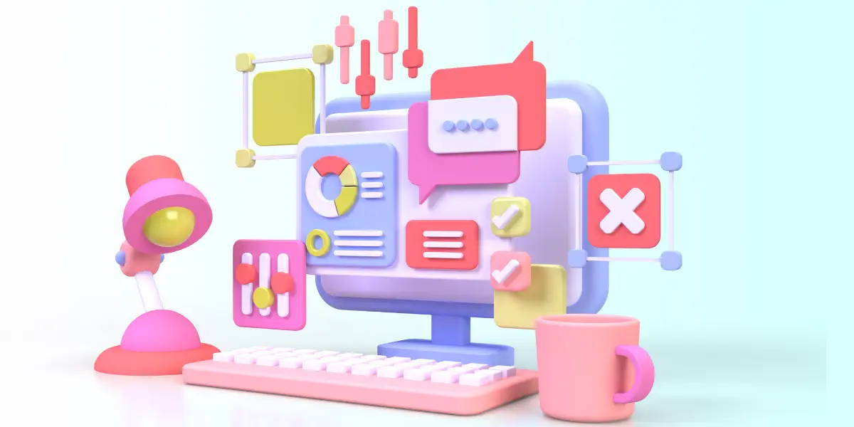 3d illustration of a computer with various icons on it.