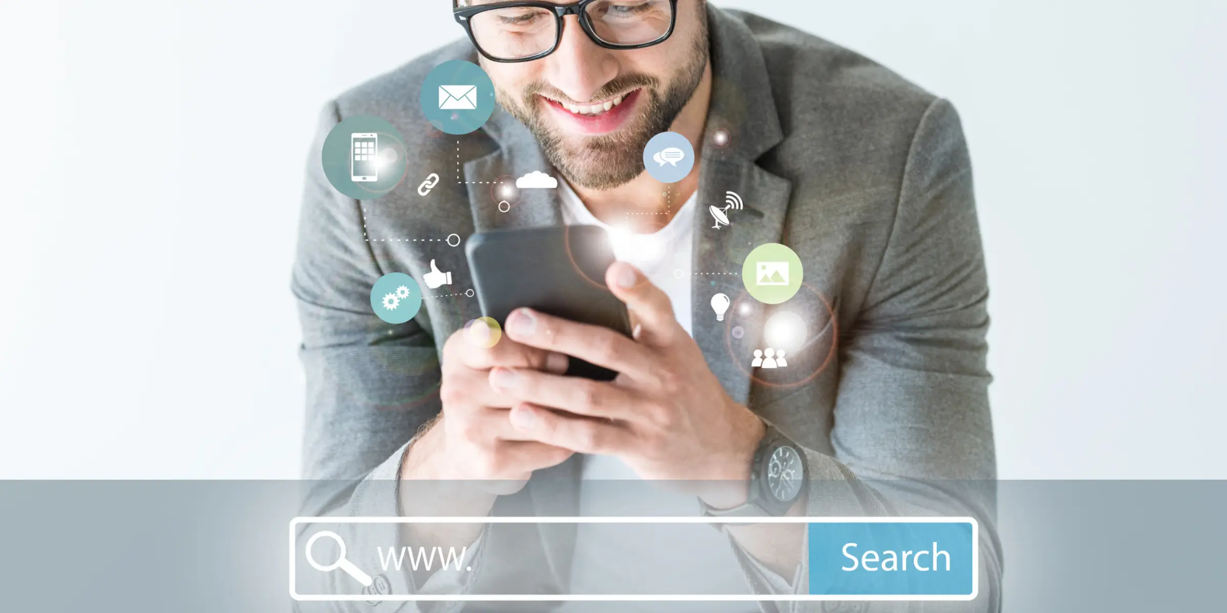 A businessman looking at his phone with social media icons.