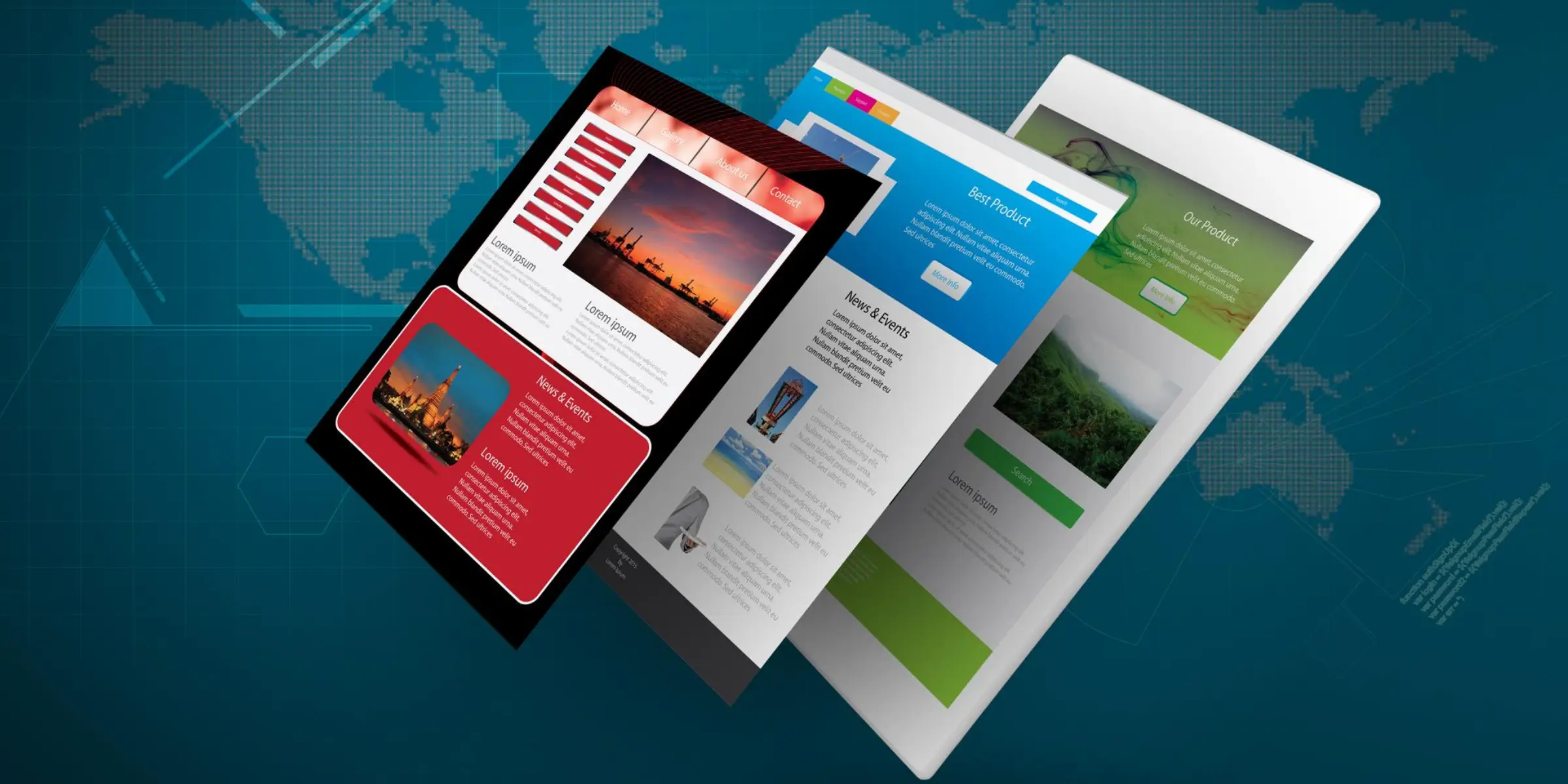 A picture of a laptop and a tablet in front of a world map.