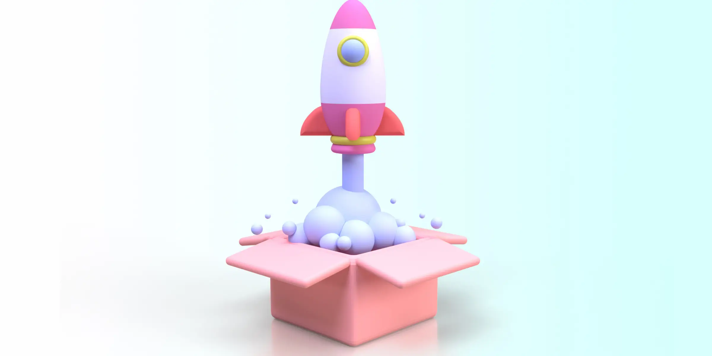 3d illustration of a pink rocket flying out of a box.