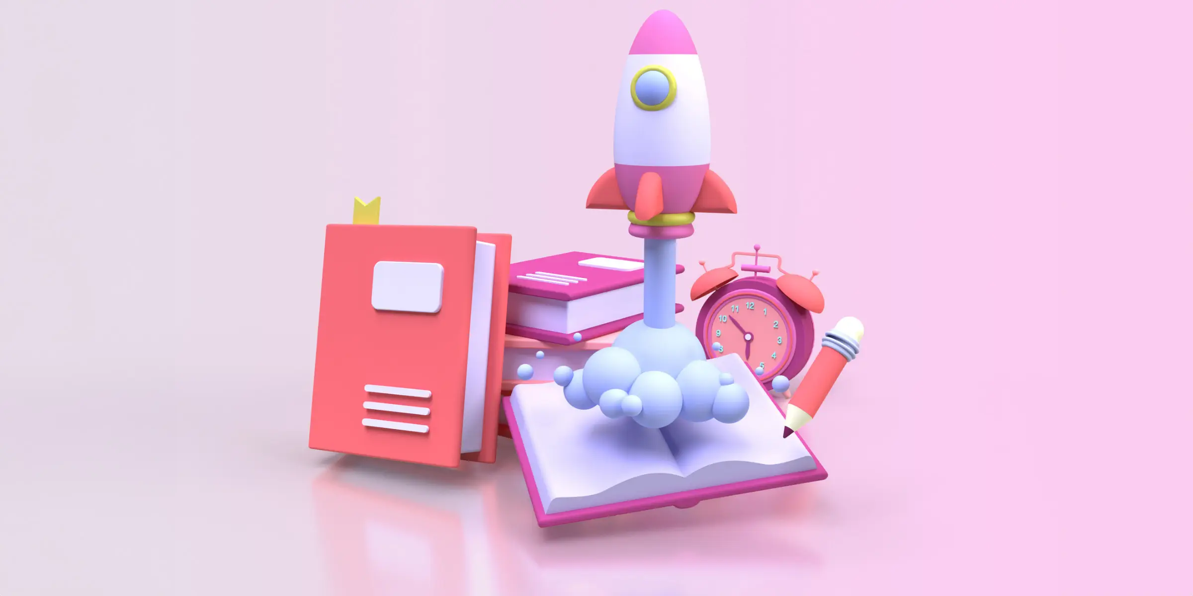 A 3D illustration of a rocket on a pink background.