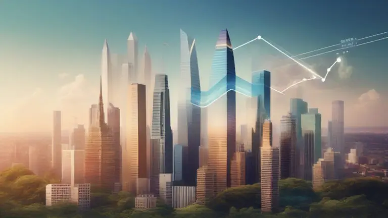 A cityscape with skyscrapers and arrows in the sky.