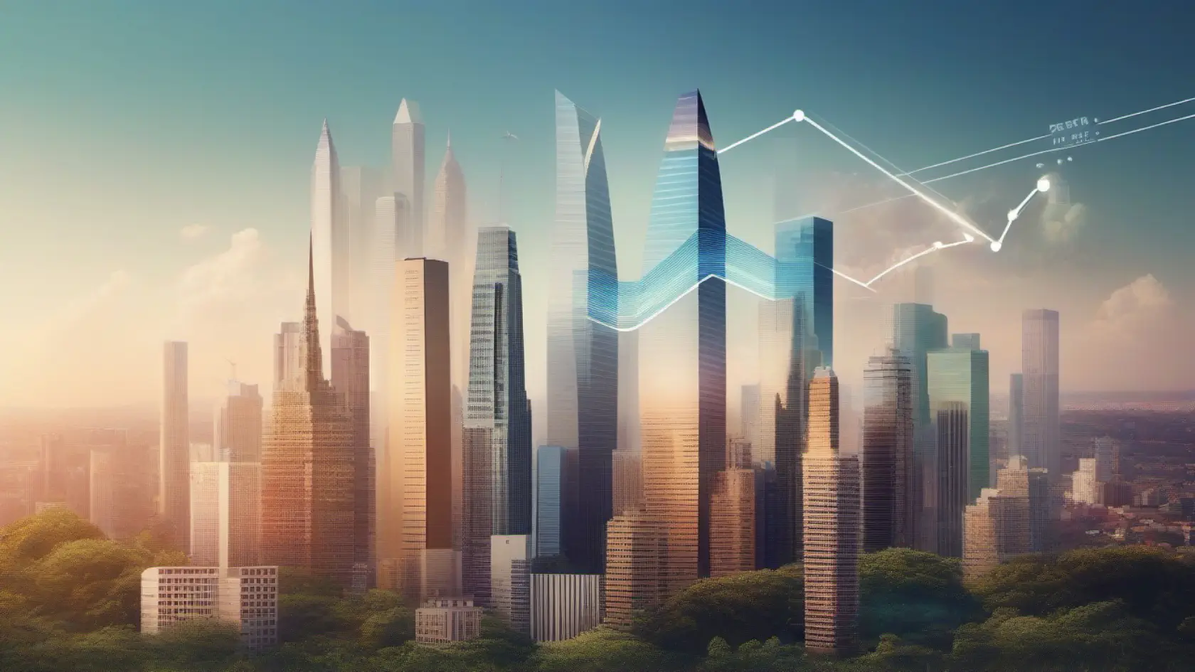A cityscape with skyscrapers and arrows in the sky.