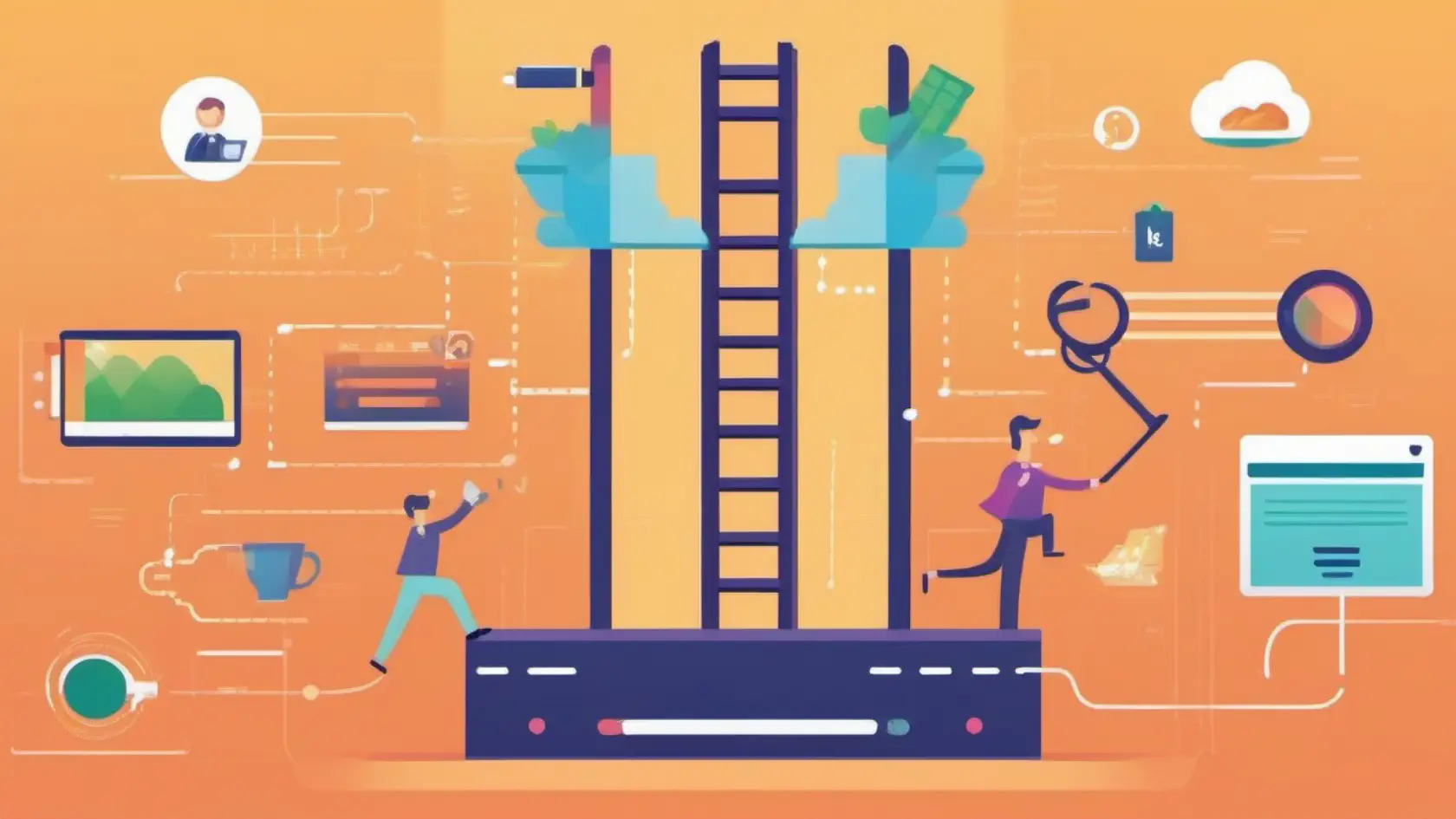 An illustration of a ladder with people climbing on top of it.