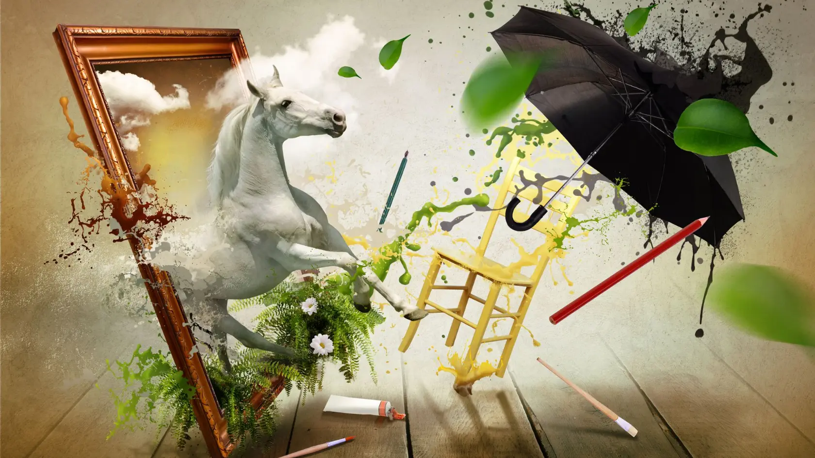 A white horse is standing in front of a mirror.