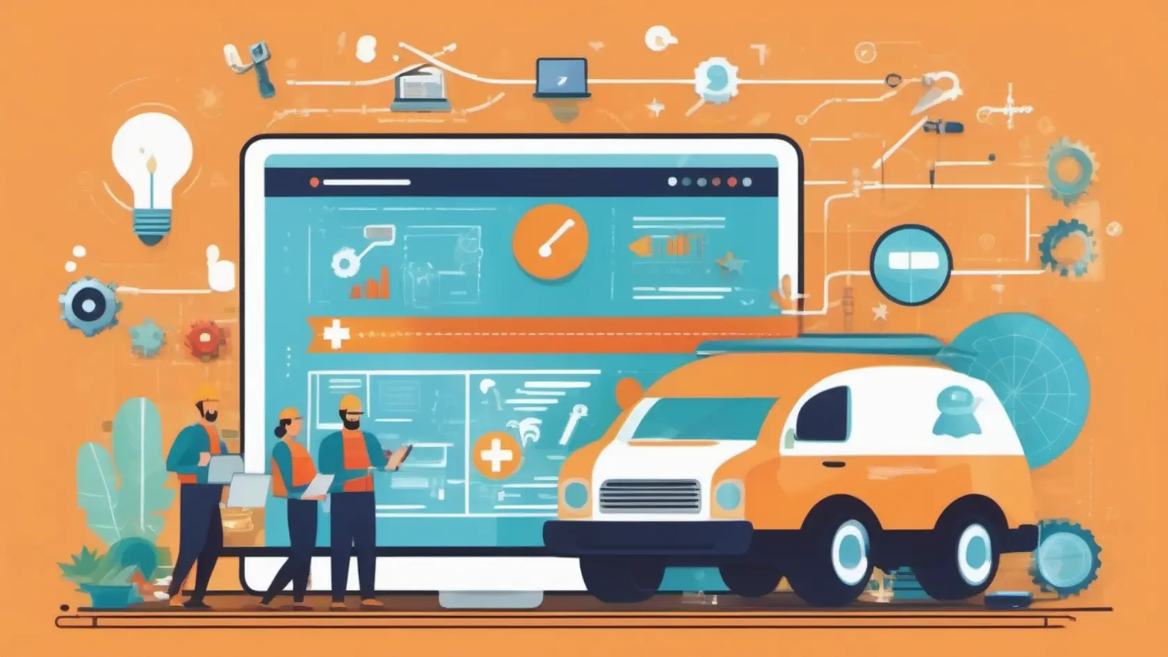 A group of people looking at a computer screen with a truck on it.