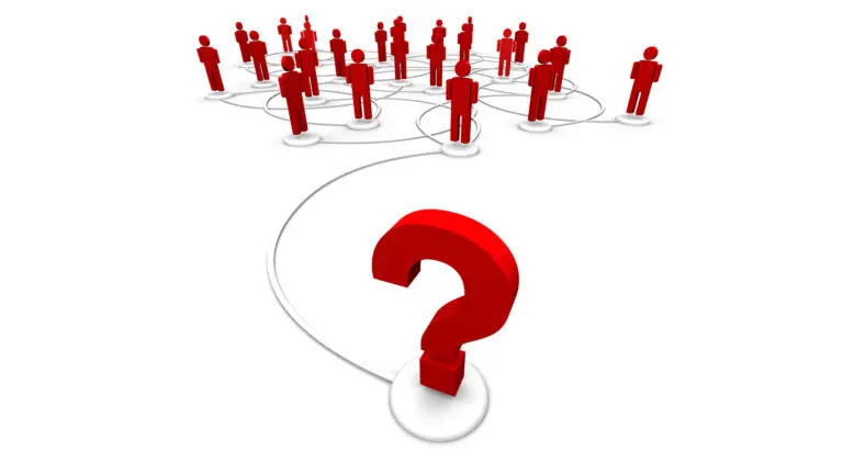 A group of people with a red question mark on a white background.