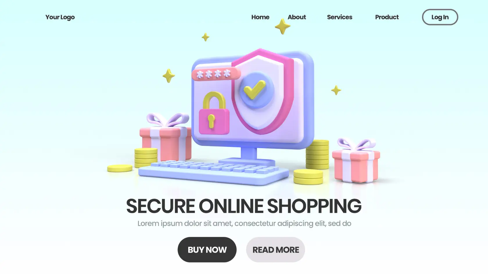 A secure online shopping landing page with gifts and a computer.