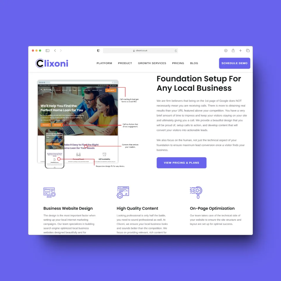 Webpage design for Clixoni showcasing services like business website design, high quality content, and SEO. Features include a call to action for pricing and plans.
