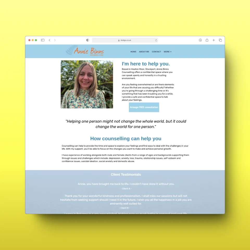 Example of a one page counseling website by Stockport Webs Design company iindigo, featuring a portrait of a woman. Text includes a quote about helping others, services offered, and a section for client testimonials.