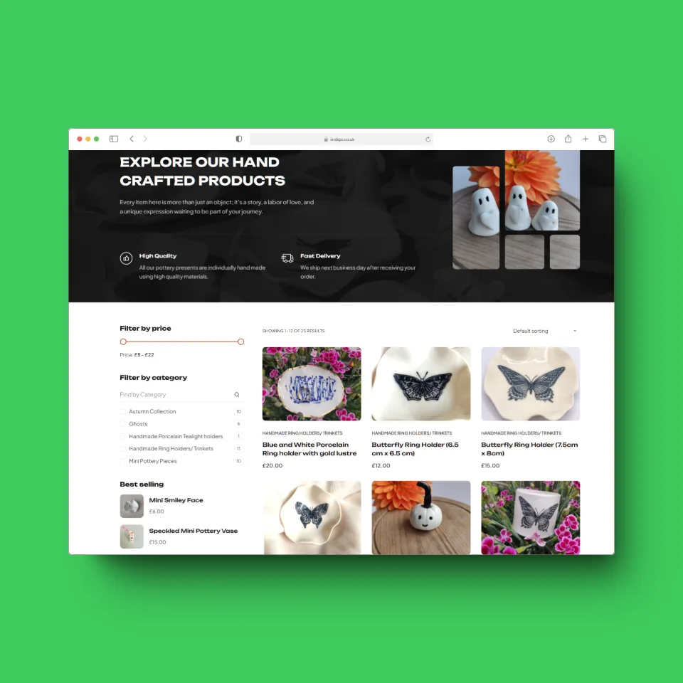 Screenshot of an online store page displaying handcrafted products, including ghost themed items and butterfly decorations, with options to filter by price and category.